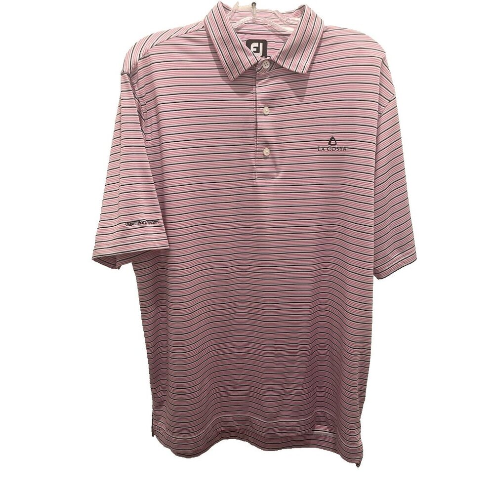 FootJoy Men size L Pink Striped Polo Golf Shirt Short Sleeve Classic Fit Resort